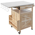40.5" Outdoor Grill Cart - Stainless Steel Top, Solid Fir Wood, Drop Leaf, Drawer, Lockable Wheels, 230 lbs Capacity