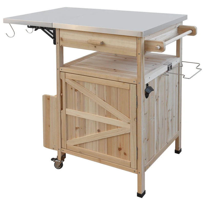 40.5" Outdoor Grill Cart - Stainless Steel Top, Solid Fir Wood, Drop Leaf, Drawer, Lockable Wheels, 230 lbs Capacity