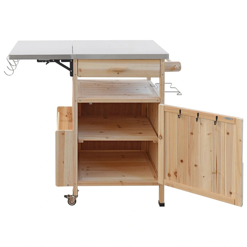 40.5" Outdoor Grill Cart - Stainless Steel Top, Solid Fir Wood, Drop Leaf, Drawer, Lockable Wheels, 230 lbs Capacity