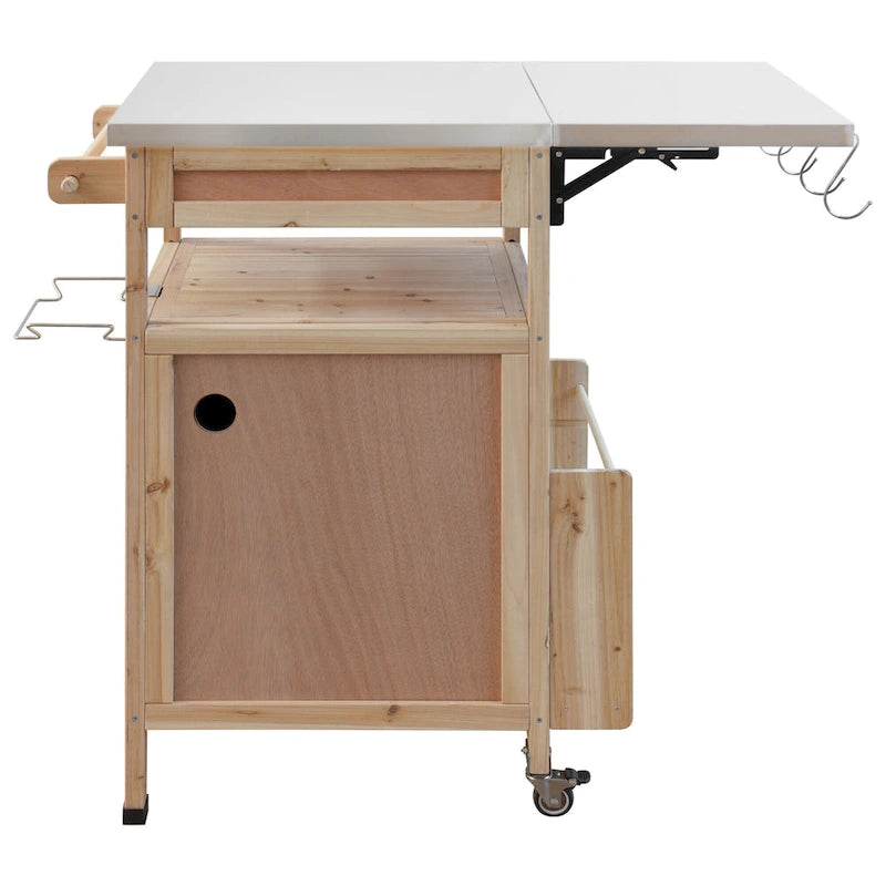 40.5" Outdoor Grill Cart - Stainless Steel Top, Solid Fir Wood, Drop Leaf, Drawer, Lockable Wheels, 230 lbs Capacity