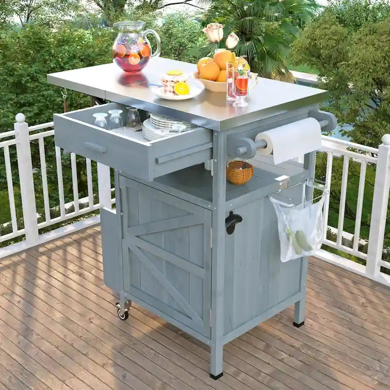 40.5" Outdoor Grill Cart - Stainless Steel Top, Solid Fir Wood, Drop Leaf, Drawer, Lockable Wheels, 230 lbs Capacity