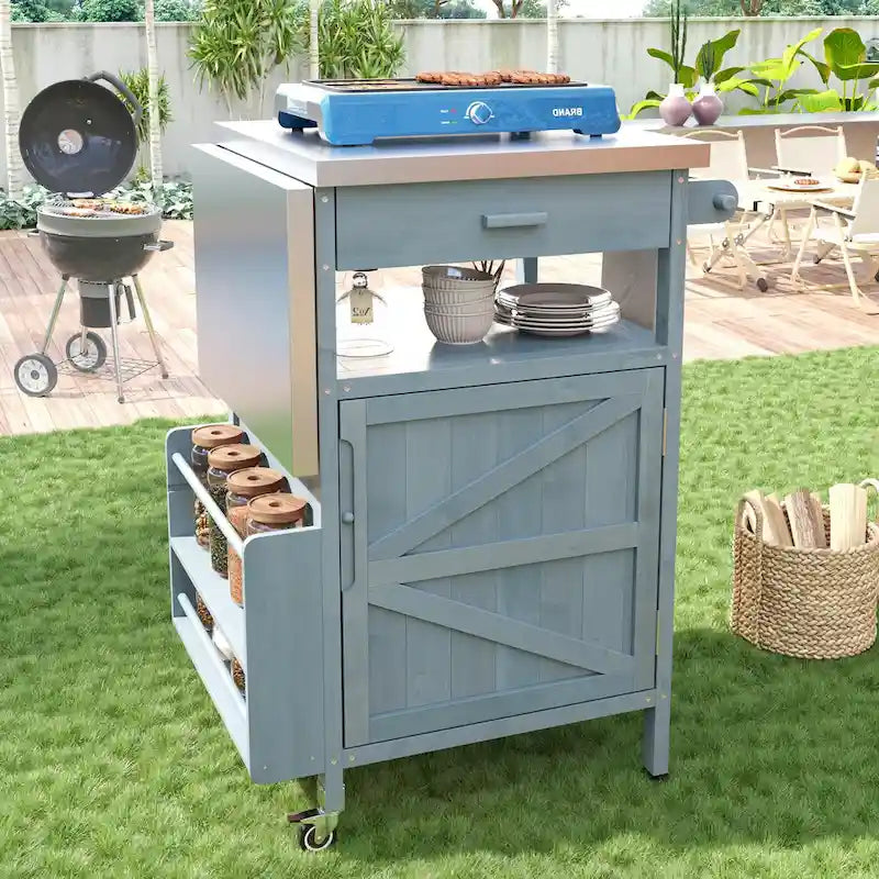 40.5" Outdoor Grill Cart - Stainless Steel Top, Solid Fir Wood, Drop Leaf, Drawer, Lockable Wheels, 230 lbs Capacity