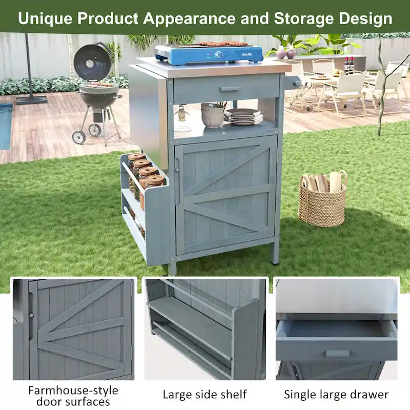 40.5" Outdoor Grill Cart - Stainless Steel Top, Solid Fir Wood, Drop Leaf, Drawer, Lockable Wheels, 230 lbs Capacity