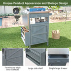 40.5" Outdoor Grill Cart - Stainless Steel Top, Solid Fir Wood, Drop Leaf, Drawer, Lockable Wheels, 230 lbs Capacity