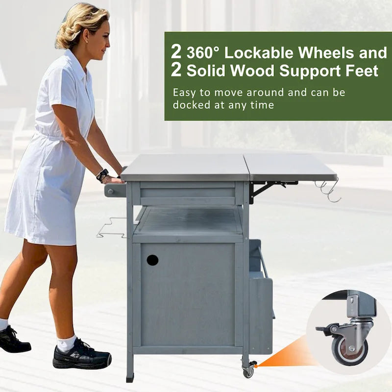 40.5" Outdoor Grill Cart - Stainless Steel Top, Solid Fir Wood, Drop Leaf, Drawer, Lockable Wheels, 230 lbs Capacity