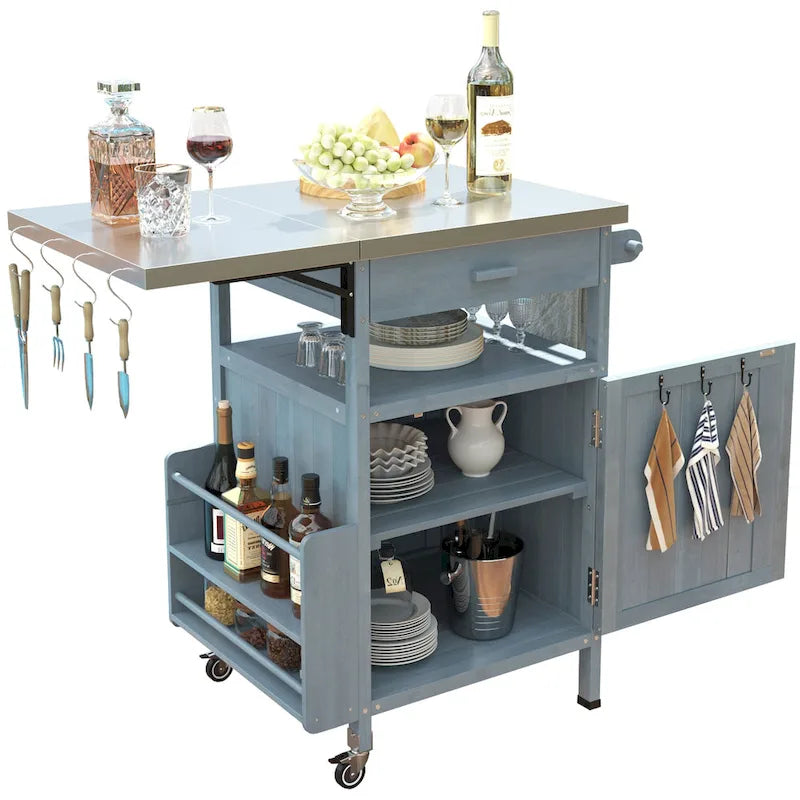 40.5" Outdoor Grill Cart - Stainless Steel Top, Solid Fir Wood, Drop Leaf, Drawer, Lockable Wheels, 230 lbs Capacity