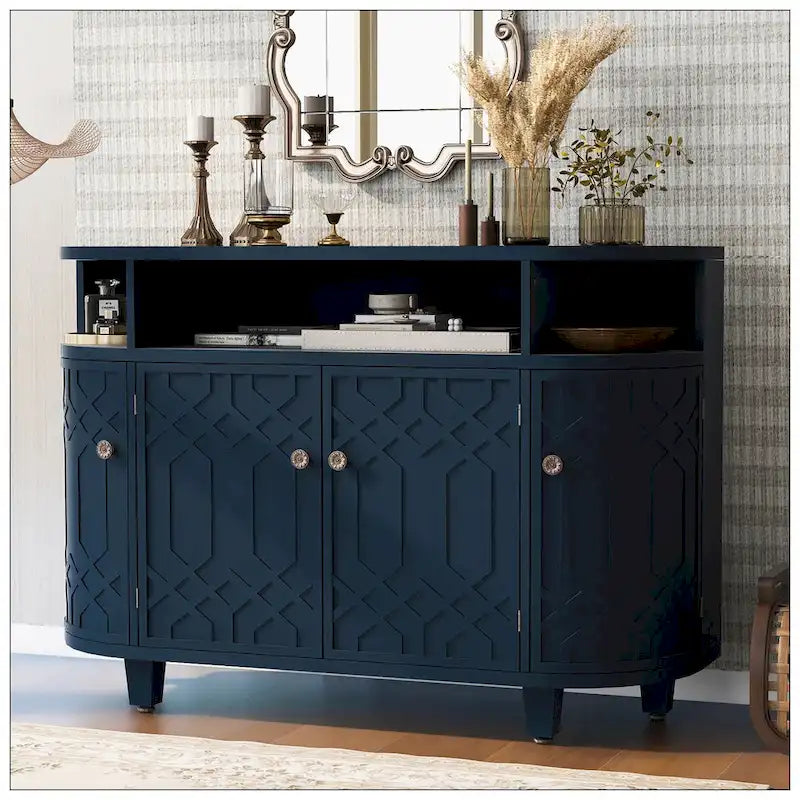 Storage Cabinet - Curved Design, MDF/Ash/Fir, 220 lbs Capacity, 3 Adjustable Shelves, Wood Grain, Navy Blue, Modern
