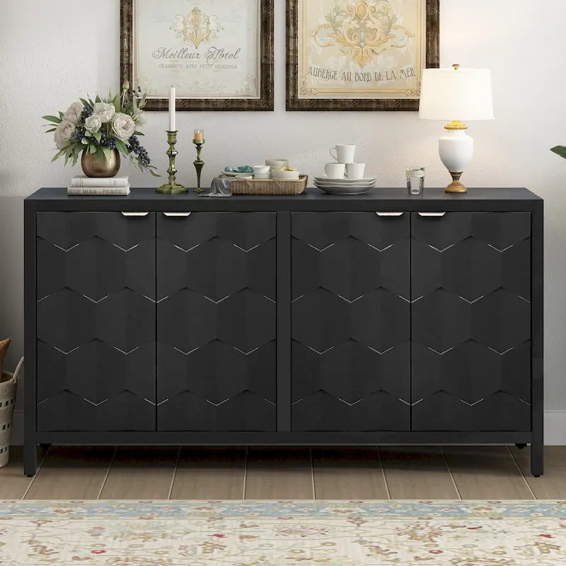Storage Cabinet - 59.6"L x 15.7"W x 32"H, 4 Doors, Honeycomb Pattern, MDF, Vintage Metal Handles, 2 Colors, Modern