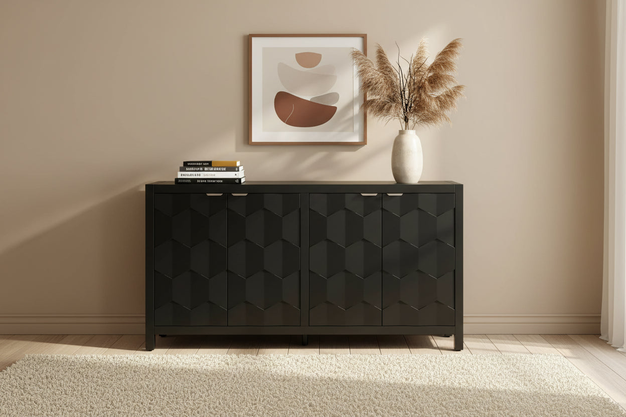 4-Door Sideboard with Honeycomb Patterned Doors, Painted Finish Storage Cabinet with Vintage Metal Handles for Study