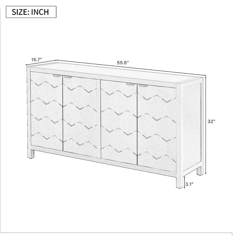 Storage Cabinet - 59.6"L x 15.7"W x 32"H, 4 Doors, Honeycomb Pattern, MDF, Vintage Metal Handles, 2 Colors, Modern