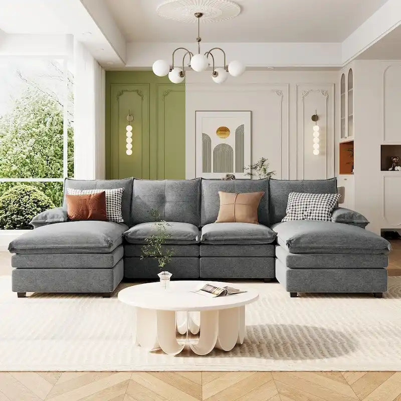 U-Shaped Sofa - 115.4"W, Chenille, 6-Seater, Button-Tufted, Removable Covers, 300 lbs/Seat, Grey/Blue/Beige, Modern