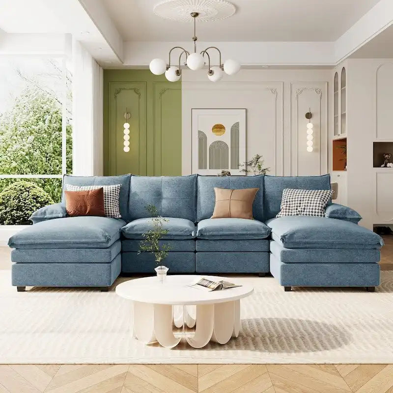 U-Shaped Sofa - 115.4"W, Chenille, 6-Seater, Button-Tufted, Removable Covers, 300 lbs/Seat, Grey/Blue/Beige, Modern