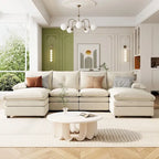 U-Shaped Sofa - 115.4"W, Chenille, 6-Seater, Button-Tufted, Removable Covers, 300 lbs/Seat, Grey/Blue/Beige, Modern