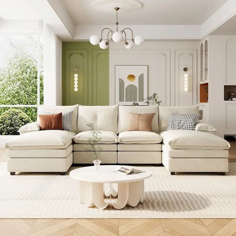 U-Shaped Sofa - 115.4"W, Chenille, 6-Seater, Button-Tufted, Removable Covers, 300 lbs/Seat, Grey/Blue/Beige, Modern