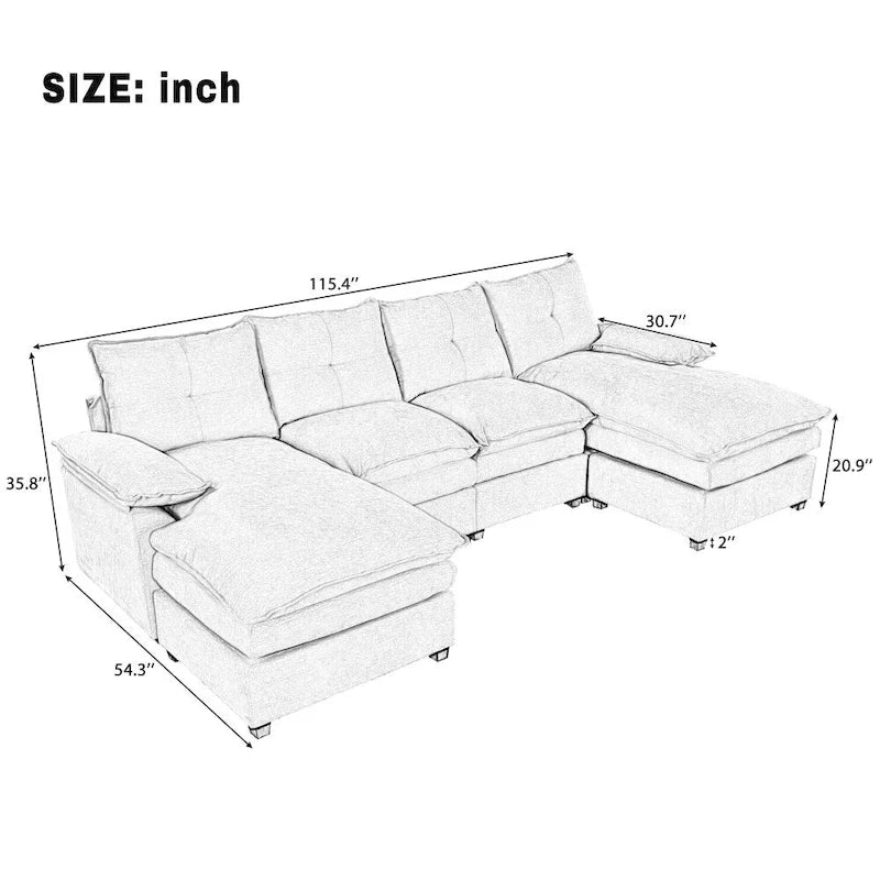 U-Shaped Sofa - 115.4"W, Chenille, 6-Seater, Button-Tufted, Removable Covers, 300 lbs/Seat, Grey/Blue/Beige, Modern