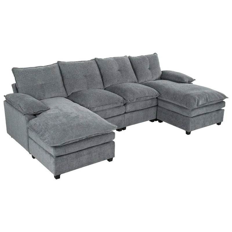 U-Shaped Sofa - 115.4"W, Chenille, 6-Seater, Button-Tufted, Removable Covers, 300 lbs/Seat, Grey/Blue/Beige, Modern