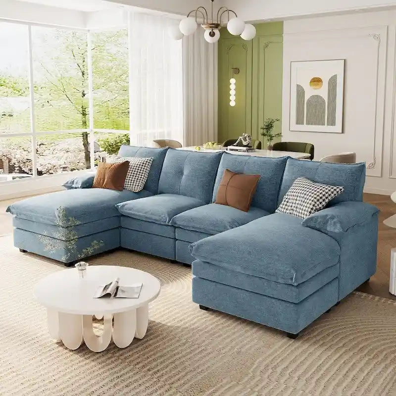 U-Shaped Sofa - 115.4"W, Chenille, 6-Seater, Button-Tufted, Removable Covers, 300 lbs/Seat, Grey/Blue/Beige, Modern