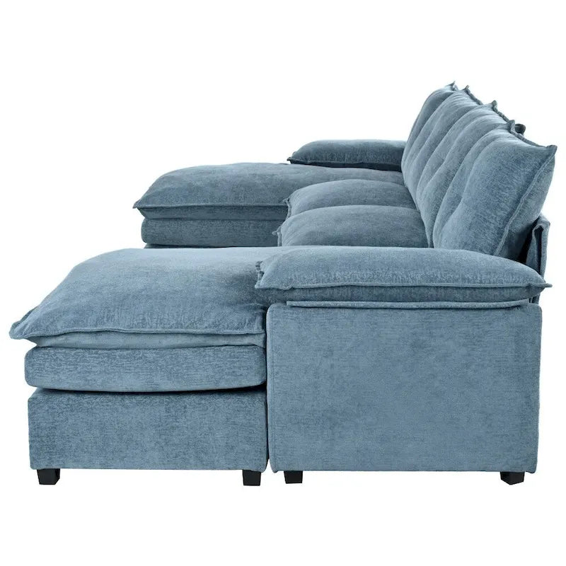 U-Shaped Sofa - 115.4"W, Chenille, 6-Seater, Button-Tufted, Removable Covers, 300 lbs/Seat, Grey/Blue/Beige, Modern