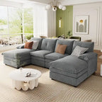 U-Shaped Sofa - 115.4"W, Chenille, 6-Seater, Button-Tufted, Removable Covers, 300 lbs/Seat, Grey/Blue/Beige, Modern