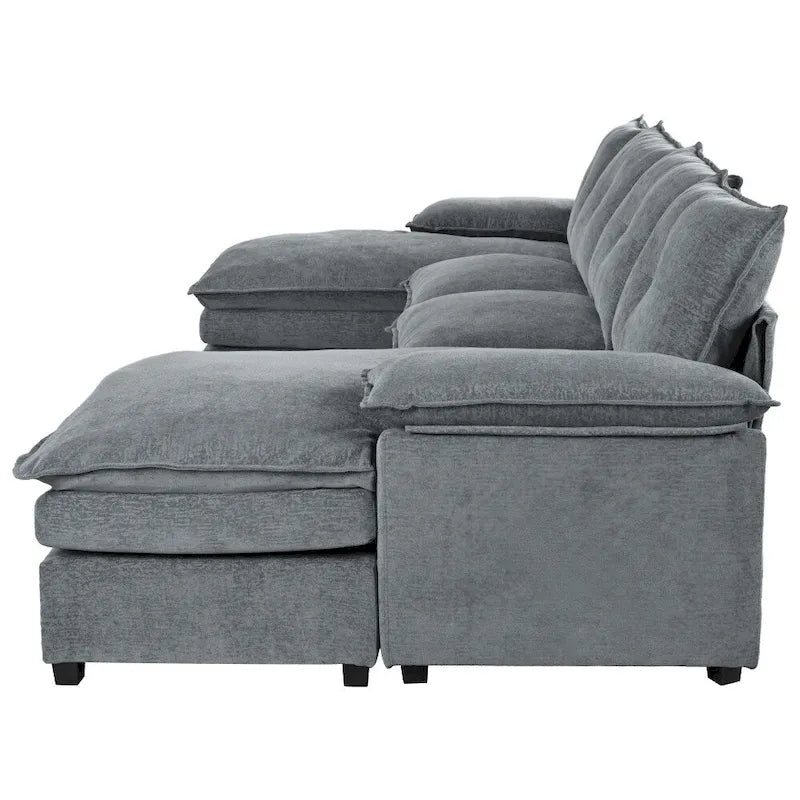 U-Shaped Sofa - 115.4"W, Chenille, 6-Seater, Button-Tufted, Removable Covers, 300 lbs/Seat, Grey/Blue/Beige, Modern