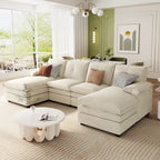 U-Shaped Sofa - 115.4"W, Chenille, 6-Seater, Button-Tufted, Removable Covers, 300 lbs/Seat, Grey/Blue/Beige, Modern