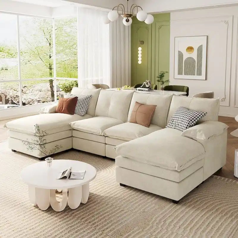 U-Shaped Sofa - 115.4"W, Chenille, 6-Seater, Button-Tufted, Removable Covers, 300 lbs/Seat, Grey/Blue/Beige, Modern