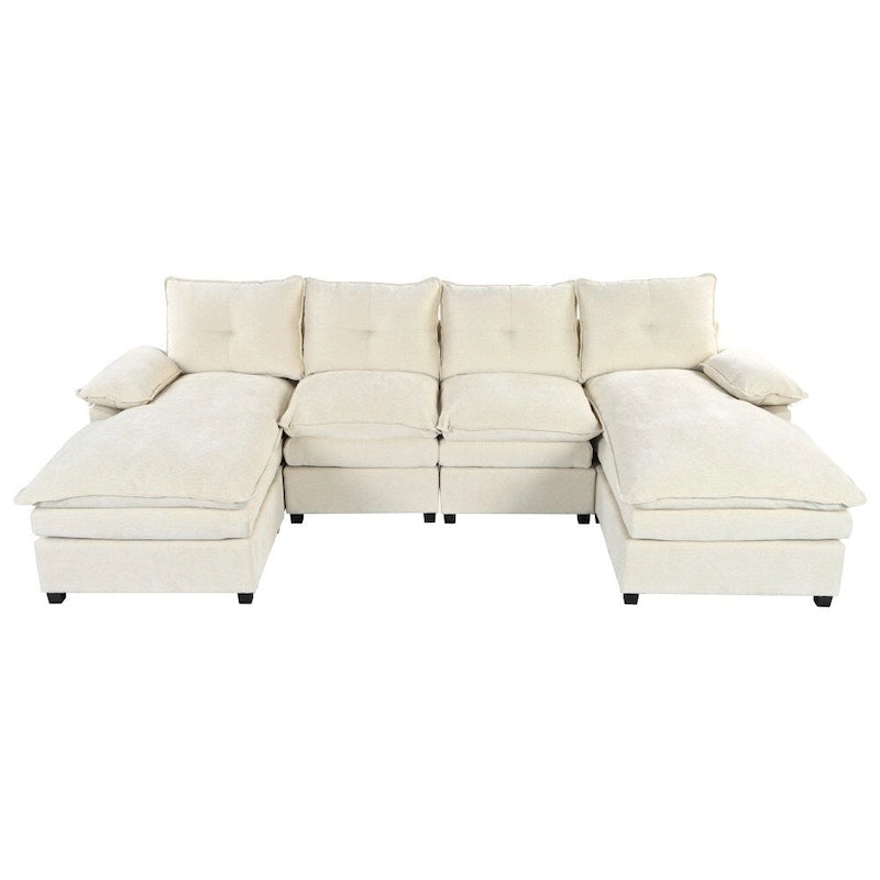 U-Shaped Sofa - 115.4"W, Chenille, 6-Seater, Button-Tufted, Removable Covers, 300 lbs/Seat, Grey/Blue/Beige, Modern