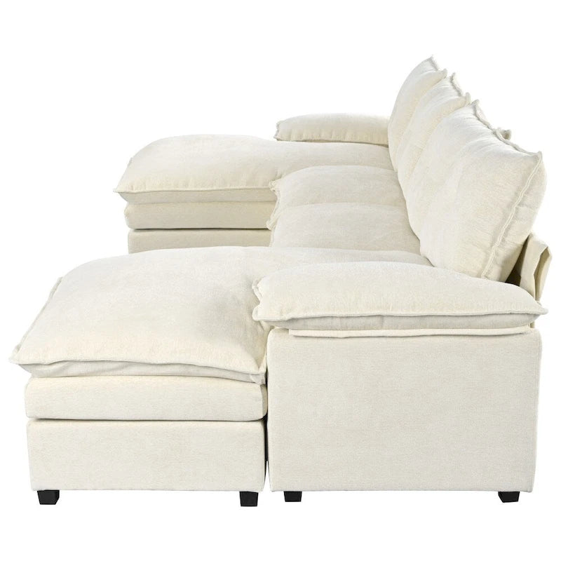 U-Shaped Sofa - 115.4"W, Chenille, 6-Seater, Button-Tufted, Removable Covers, 300 lbs/Seat, Grey/Blue/Beige, Modern