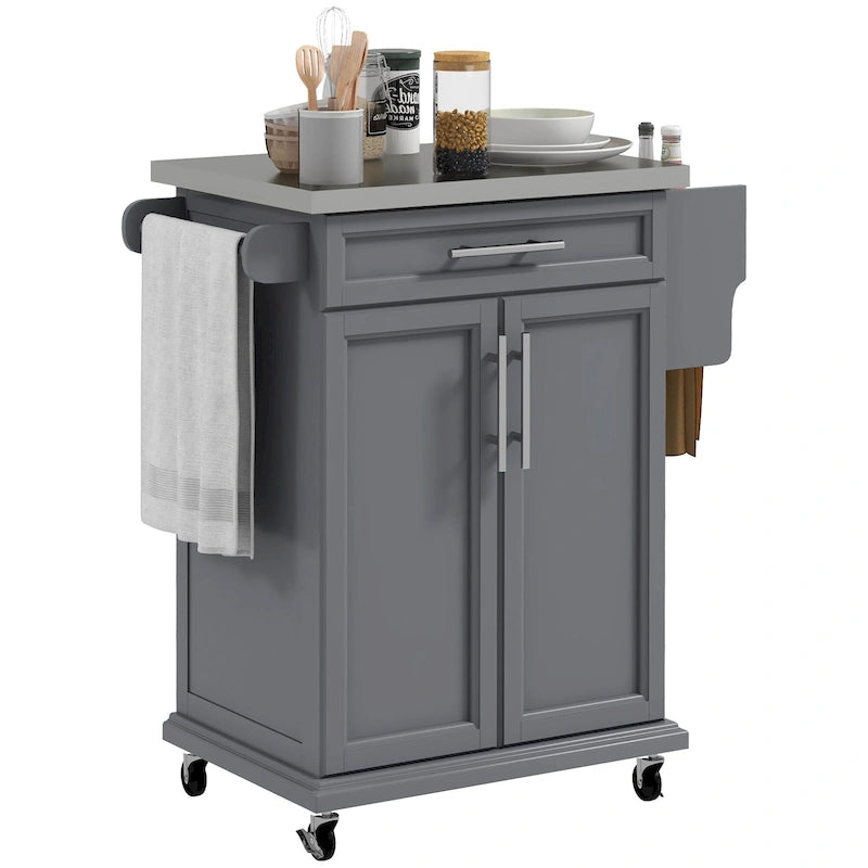 Kitchen Island on Wheels - 33"L x 18"W x 35.8"H, Stainless Steel Top, Drawer, Cabinet, Spice Rack, Towel Rack, Grey, MDF