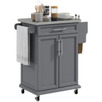 Kitchen Island on Wheels - 33"L x 18"W x 35.8"H, Stainless Steel Top, Drawer, Cabinet, Spice Rack, Towel Rack, Grey, MDF