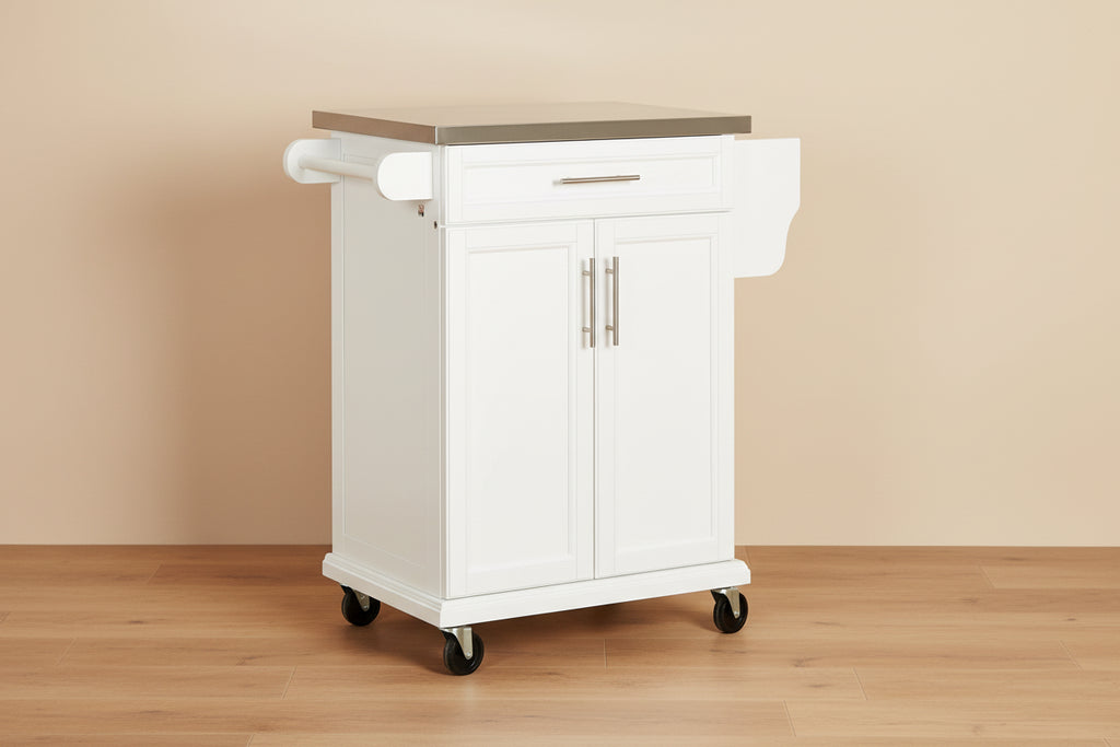 Kitchen Island on Wheels, Rolling Kitchen Cart with Stainless Steel Countertop, Drawer, Towel Rack and Spice Rack