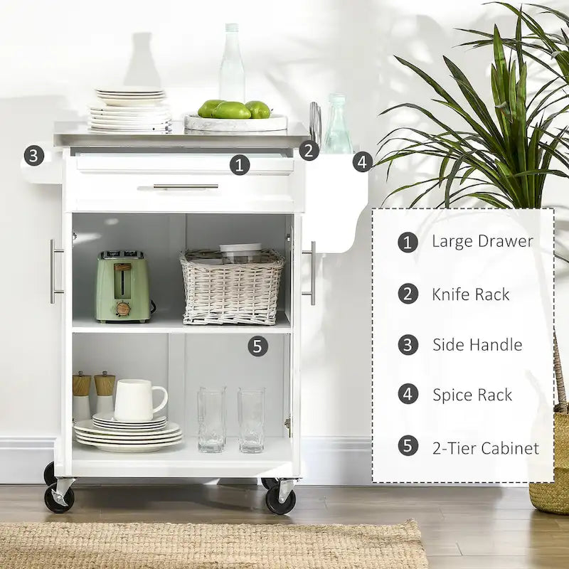 Kitchen Island on Wheels - 33"L x 18"W x 35.8"H, Stainless Steel Top, Drawer, Cabinet, Spice Rack, Towel Rack, Grey, MDF