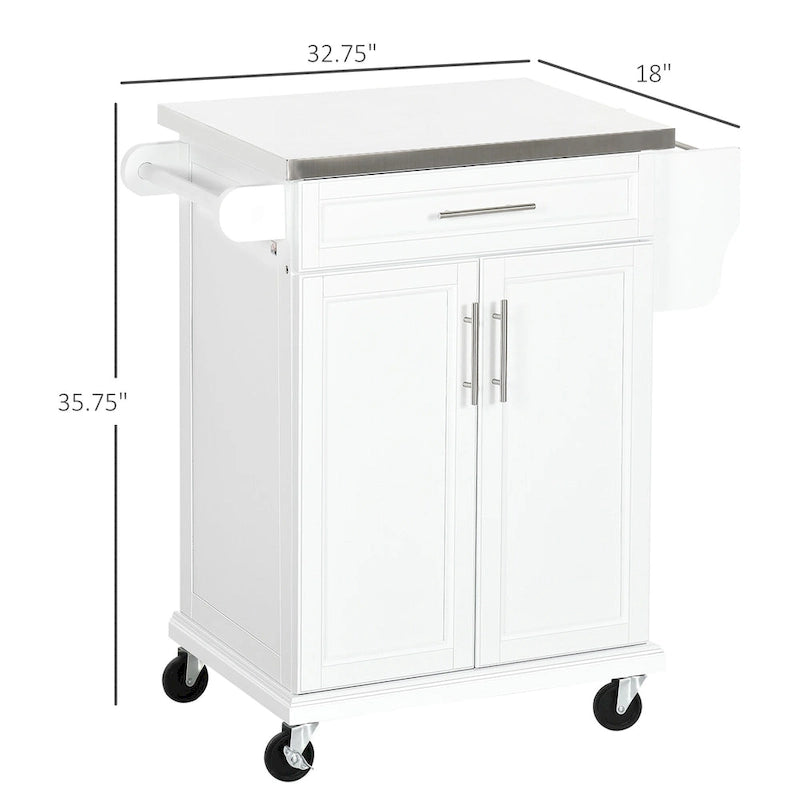 Kitchen Island on Wheels - 33"L x 18"W x 35.8"H, Stainless Steel Top, Drawer, Cabinet, Spice Rack, Towel Rack, Grey, MDF