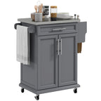 Kitchen Island on Wheels - 33"L x 18"W x 35.8"H, Stainless Steel Top, Drawer, Cabinet, Spice Rack, Towel Rack, Grey, MDF