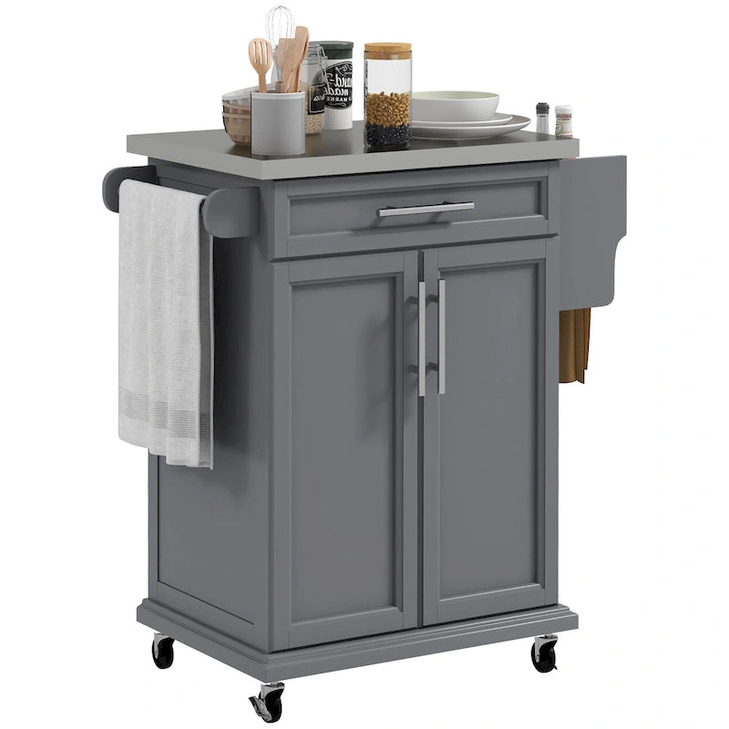 Kitchen Island on Wheels - 33"L x 18"W x 35.8"H, Stainless Steel Top, Drawer, Cabinet, Spice Rack, Towel Rack, Grey, MDF