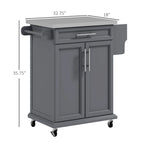 Kitchen Island on Wheels - 33"L x 18"W x 35.8"H, Stainless Steel Top, Drawer, Cabinet, Spice Rack, Towel Rack, Grey, MDF