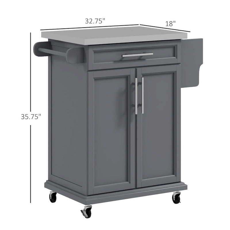 Kitchen Island on Wheels - 33"L x 18"W x 35.8"H, Stainless Steel Top, Drawer, Cabinet, Spice Rack, Towel Rack, Grey, MDF
