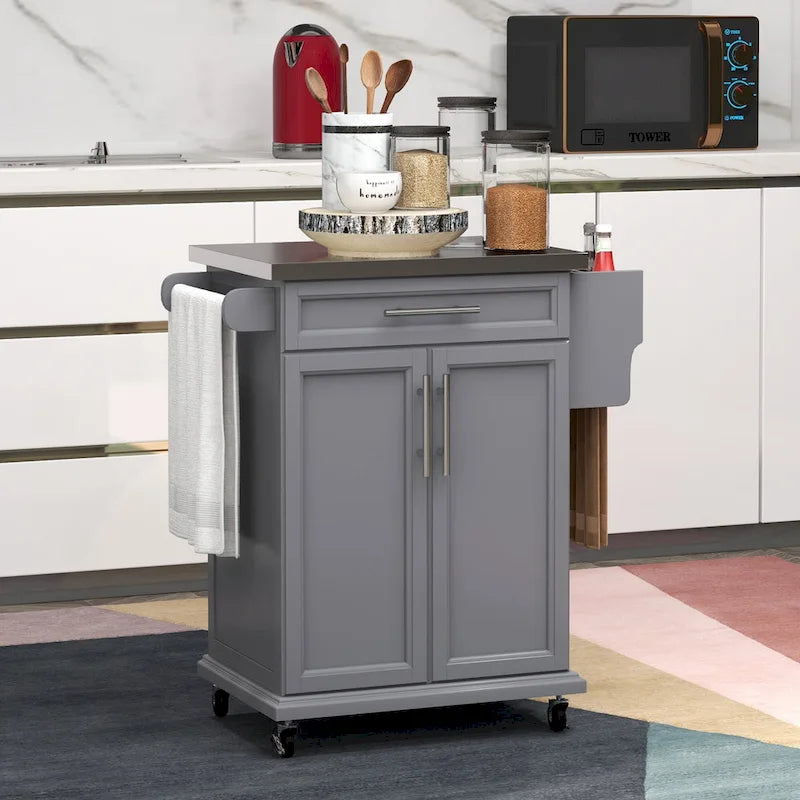 Kitchen Island on Wheels - 33"L x 18"W x 35.8"H, Stainless Steel Top, Drawer, Cabinet, Spice Rack, Towel Rack, Grey, MDF