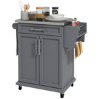 Kitchen Island on Wheels - 33"L x 18"W x 35.8"H, Stainless Steel Top, Drawer, Cabinet, Spice Rack, Towel Rack, Grey, MDF