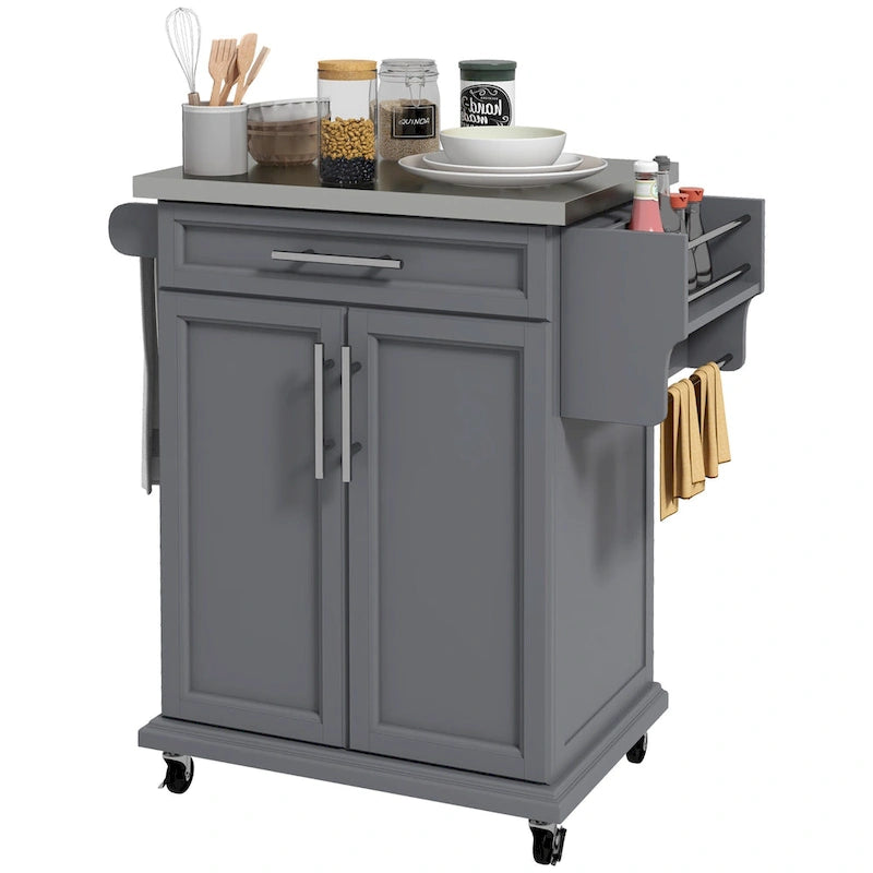 Kitchen Island on Wheels - 33"L x 18"W x 35.8"H, Stainless Steel Top, Drawer, Cabinet, Spice Rack, Towel Rack, Grey, MDF