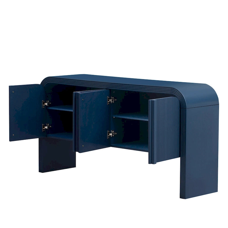 Storage Cabinet - 63"L x 14.9"W x 31.8"H, 4 Doors, Adjustable Shelves, Stripe Pattern, Pine Legs, MDF, 220 lbs, Modern