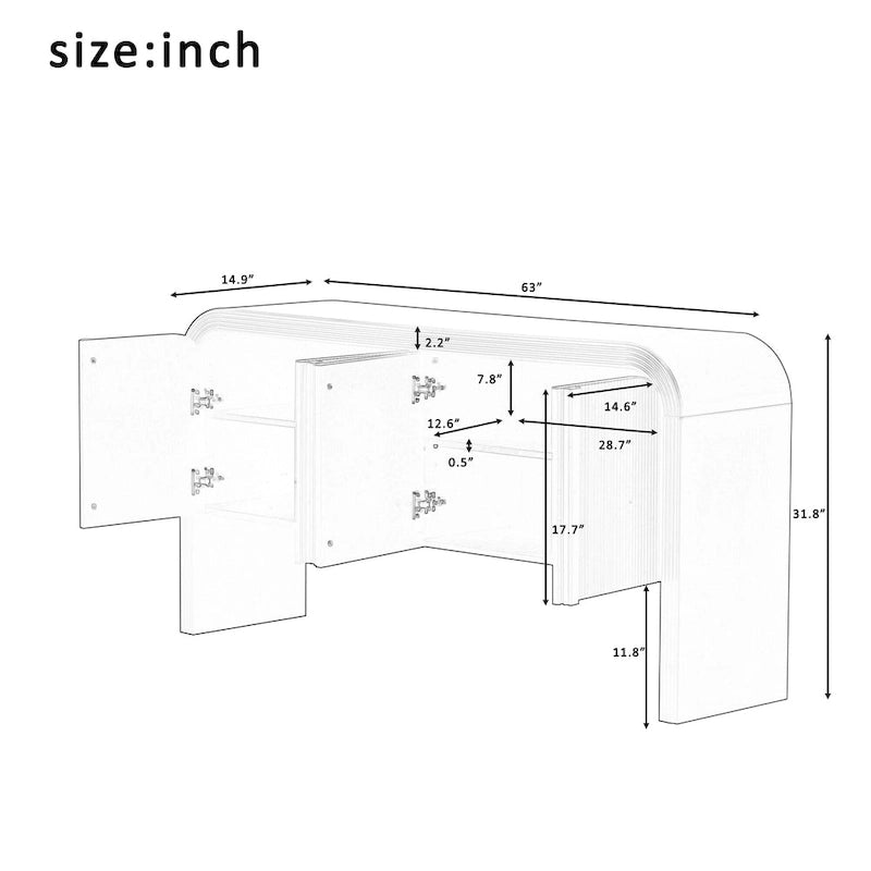 Storage Cabinet - 63"L x 14.9"W x 31.8"H, 4 Doors, Adjustable Shelves, Stripe Pattern, Pine Legs, MDF, 220 lbs, Modern