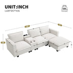 Chenille Sofa - 109"L, USB Charging, Reading Lights, Storage, Cup Holders, 330 lbs Capacity, 4-Seater, Convertible Ottoman