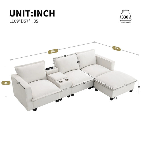 Chenille Sofa - 109"L, USB Charging, Reading Lights, Storage, Cup Holders, 330 lbs Capacity, 4-Seater, Convertible Ottoman