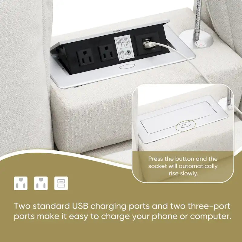 Chenille Sofa - 109"L, USB Charging, Reading Lights, Storage, Cup Holders, 330 lbs Capacity, 4-Seater, Convertible Ottoman