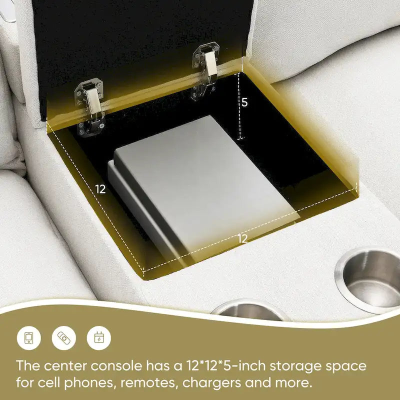 Chenille Sofa - 109"L, USB Charging, Reading Lights, Storage, Cup Holders, 330 lbs Capacity, 4-Seater, Convertible Ottoman