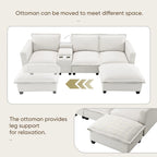 Chenille Sofa - 109"L, USB Charging, Reading Lights, Storage, Cup Holders, 330 lbs Capacity, 4-Seater, Convertible Ottoman