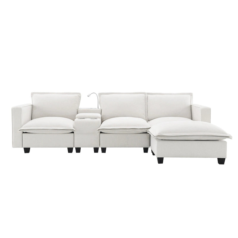 Chenille Sofa - 109"L, USB Charging, Reading Lights, Storage, Cup Holders, 330 lbs Capacity, 4-Seater, Convertible Ottoman
