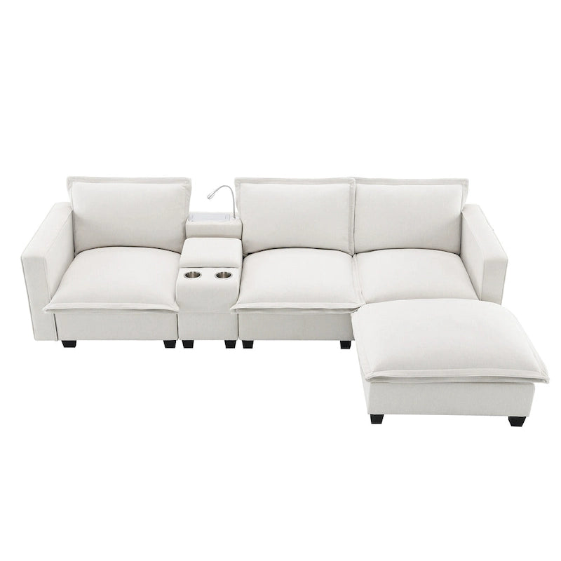 Chenille Sofa - 109"L, USB Charging, Reading Lights, Storage, Cup Holders, 330 lbs Capacity, 4-Seater, Convertible Ottoman