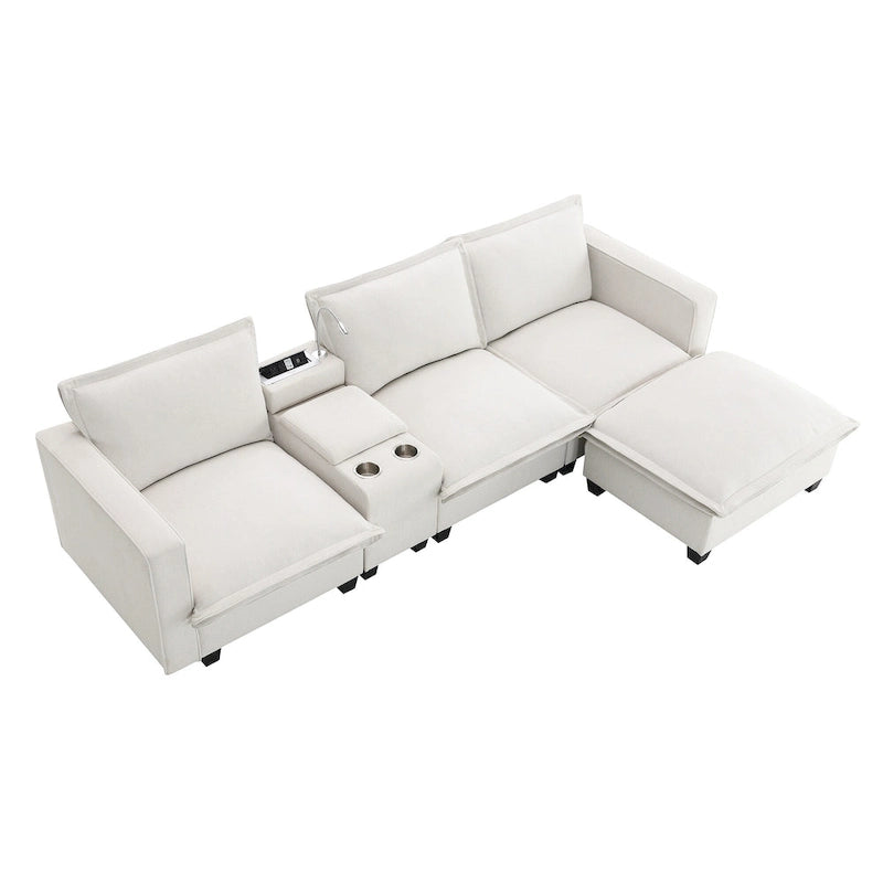 Chenille Sofa - 109"L, USB Charging, Reading Lights, Storage, Cup Holders, 330 lbs Capacity, 4-Seater, Convertible Ottoman